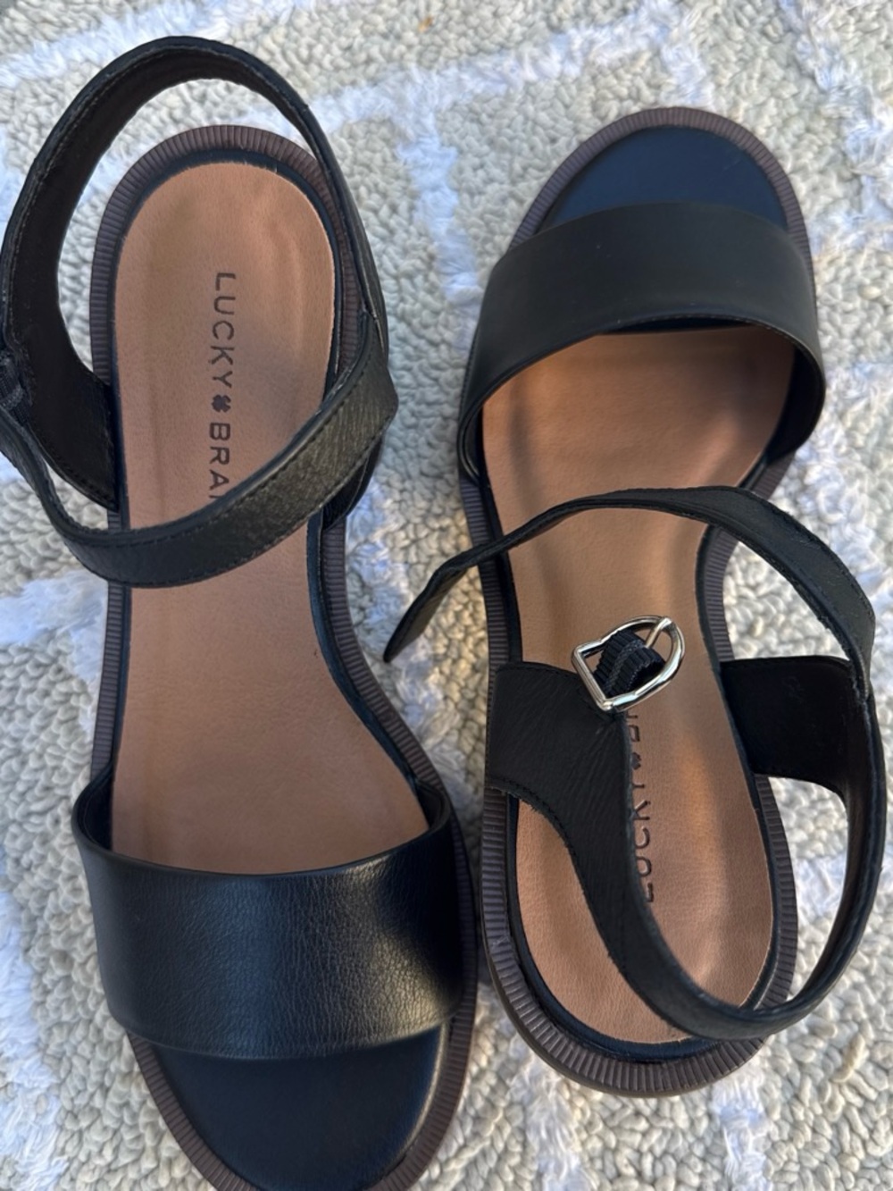 Lucky Brand Black and Tan Open-Toe Slingback Sandals
